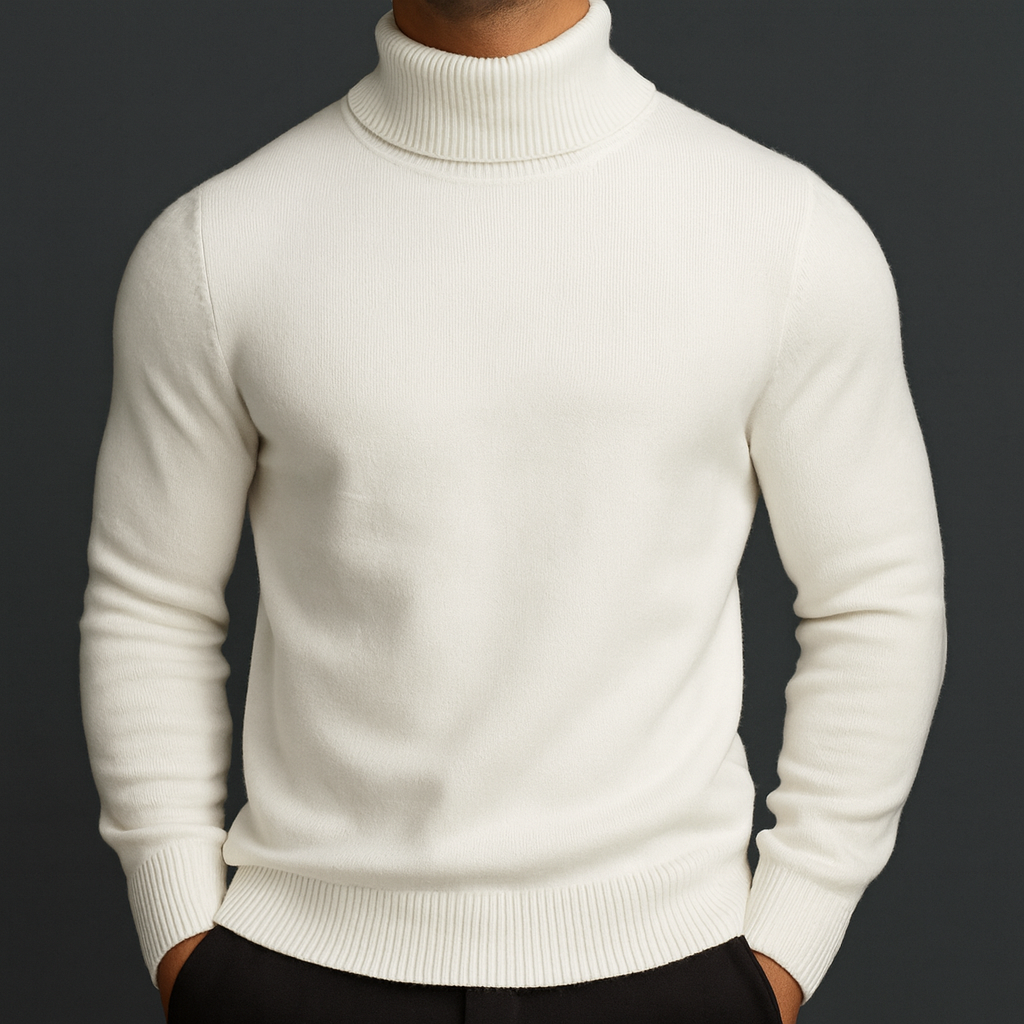Pull col roulé homme ajusté, chaud et élégant pour l'hiver. Idéal mode masculine.