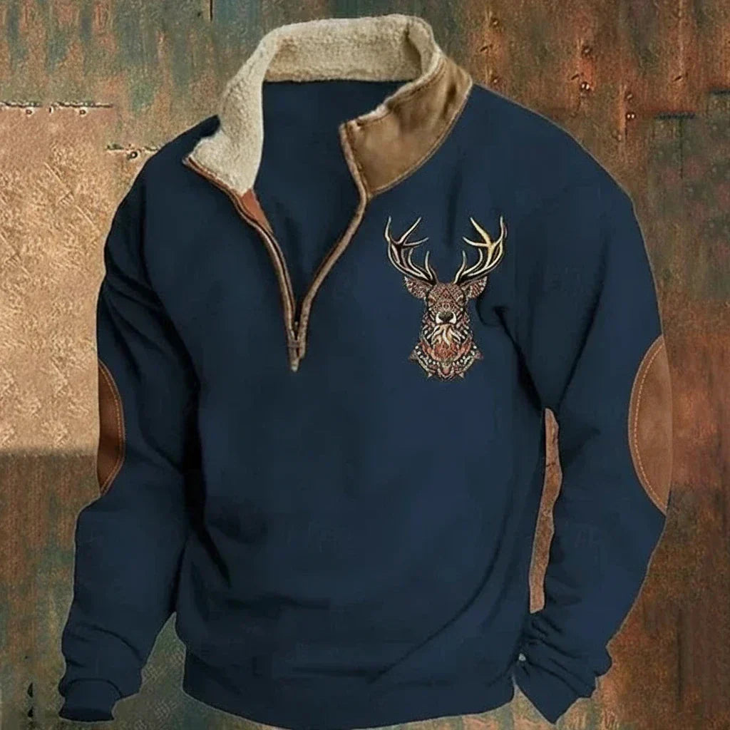 Pull homme chaud et doux, col half-zip, motif cerf unique. Avec coudières renforcées, idéal pour l'hiver.