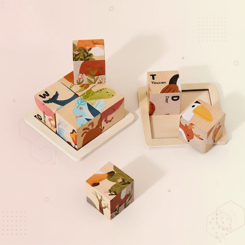 Puzzle éducatif en bois sûr pour enfants. 6 animaux (océan, forêt) pour stimuler la motricité et l'éveil.
