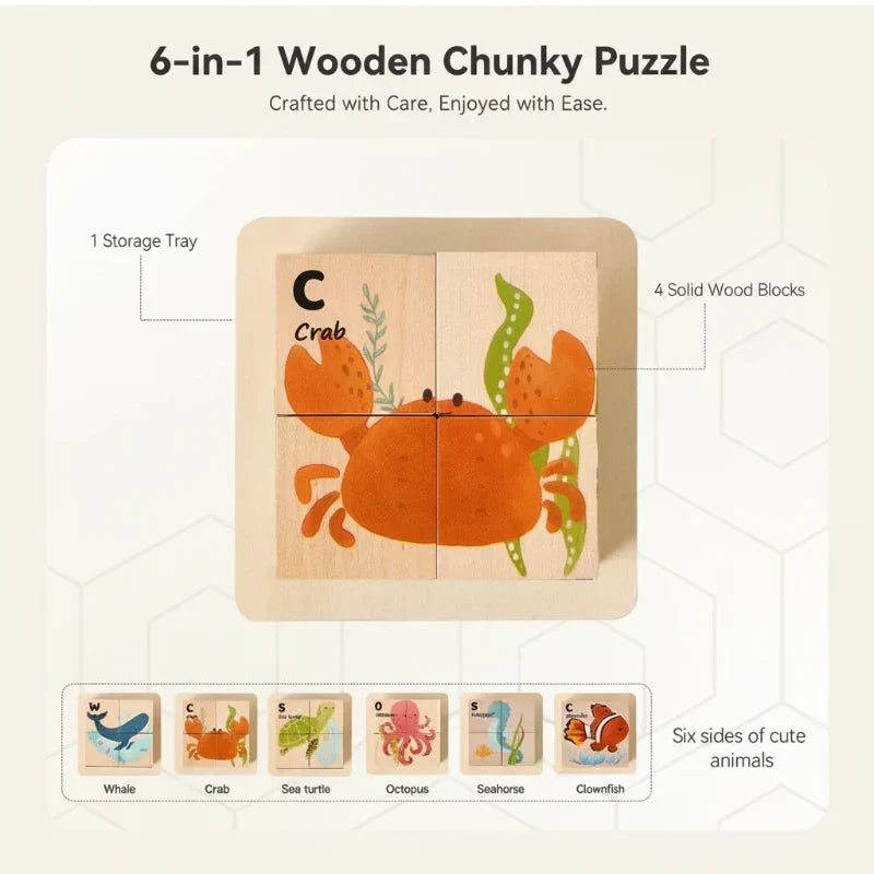 Lot de 6 puzzles en bois d'animaux Montessori, idéal pour l'apprentissage des enfants et la coordination.