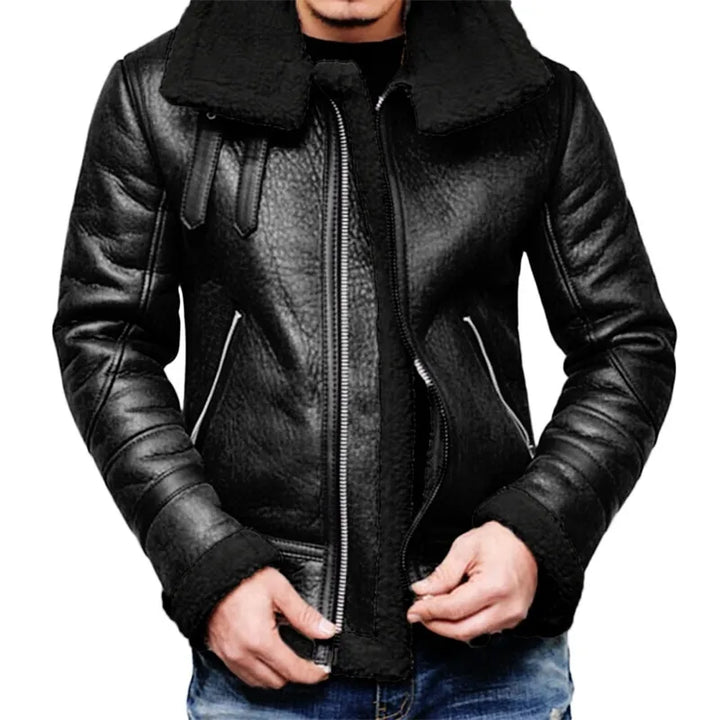 Veste homme en cuir noire hivernale, chaude et élégante, parfaite pour protection froid urbaine. Chic et décontractée.
