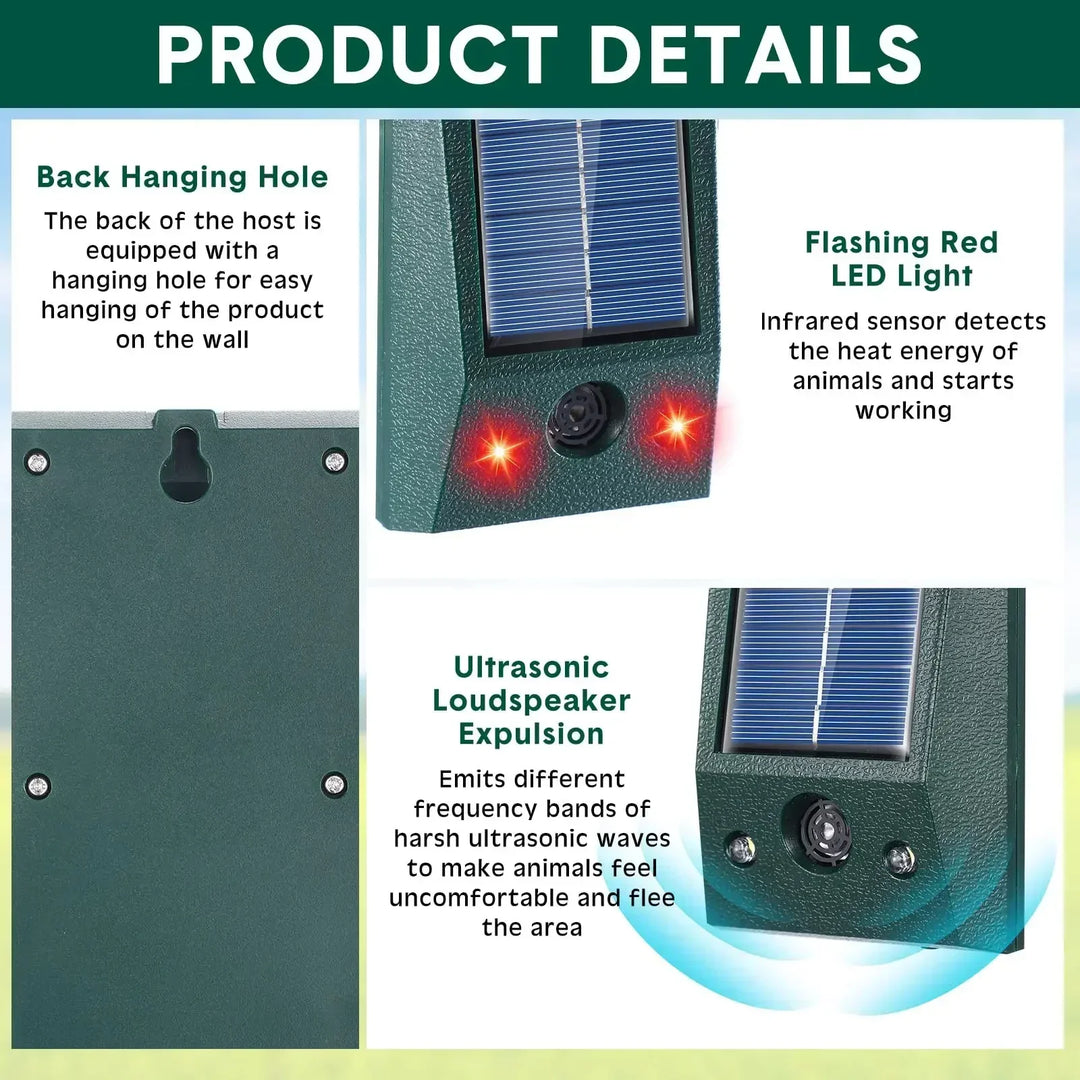 Appareil répulsif ultrasons solaire pour oiseaux. Détecteur de mouvement, LED. Solution anti-nuisibles de jardin éco-responsable.