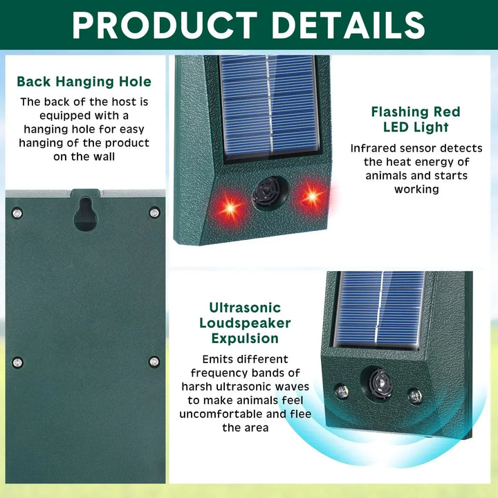 Appareil répulsif ultrasons solaire pour oiseaux. Détecteur de mouvement, LED. Solution anti-nuisibles de jardin éco-responsable.