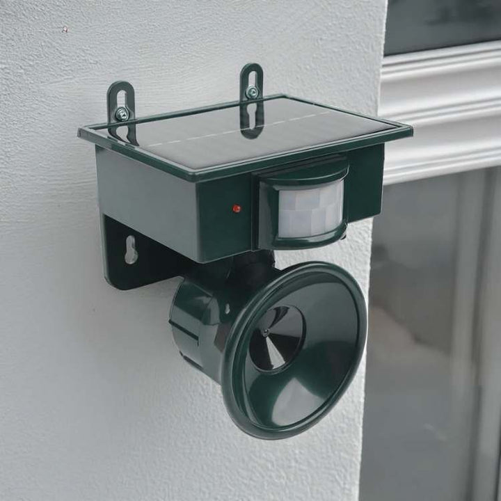 Répulsif solaire ultrasons extérieur, fixé dans un jardin, protégeant les cultures des oiseaux. Dispositif écologique.