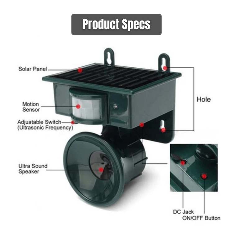 Détail du répulsif solaire ultrasons pour oiseaux. Appareil autonome et écologique pour protection de jardin extérieur.
