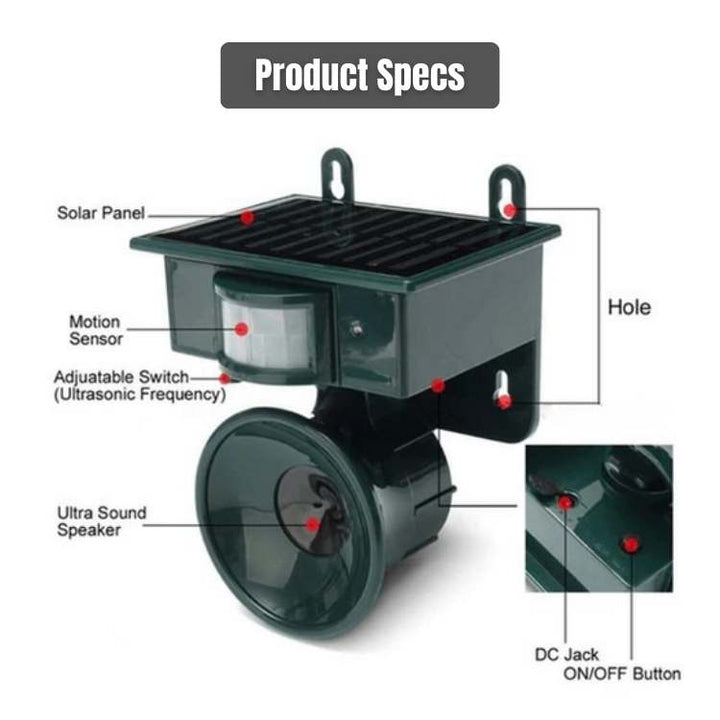 Détail du répulsif solaire ultrasons pour oiseaux. Appareil autonome et écologique pour protection de jardin extérieur.