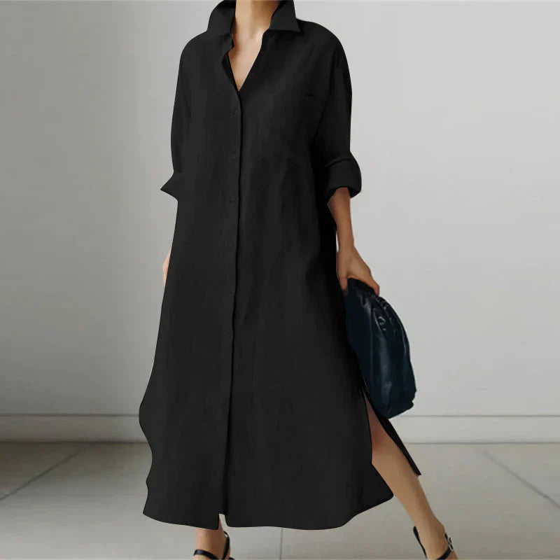 Robe chemise longue femme élégante à manches longues, parfaite pour un look chic et moderne.
