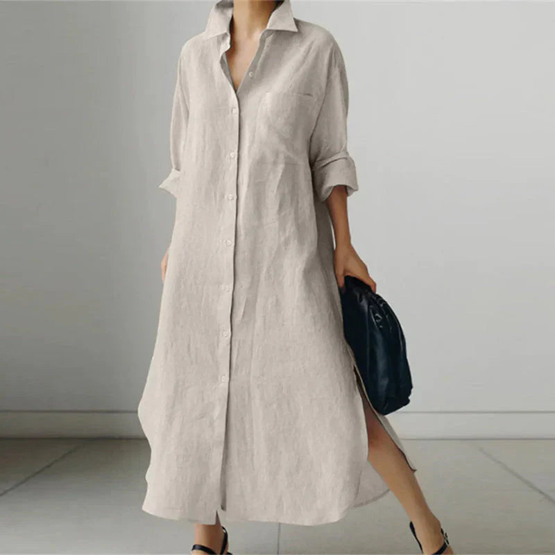 Élégante robe chemise longue pour femme, avec manches longues, idéale pour un style moderne et sophistiqué.