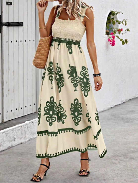 Confortable robe longue femme smockée, sans manches, ourlet asymétrique, pour l'été décontracté.