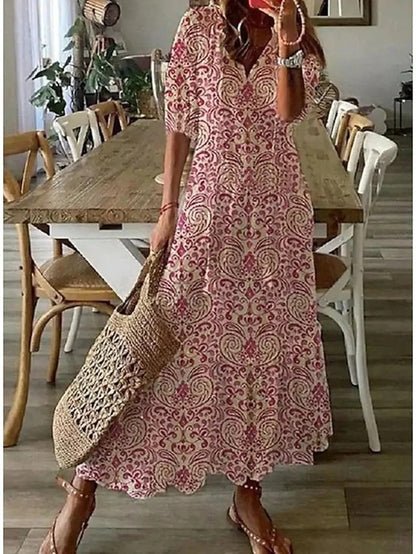 Tendance: robe longue femme, motifs géométriques, manches bouffantes, col en V, élégante et confortable.