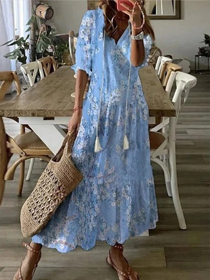 Mode féminine: robe midi chic, imprimé géométrique moderne, manches lanternes, idéale été.