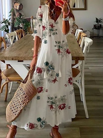 Robe longue d'été, imprimé géométrique moderne, manches lanternes, col V, mode féminine.
