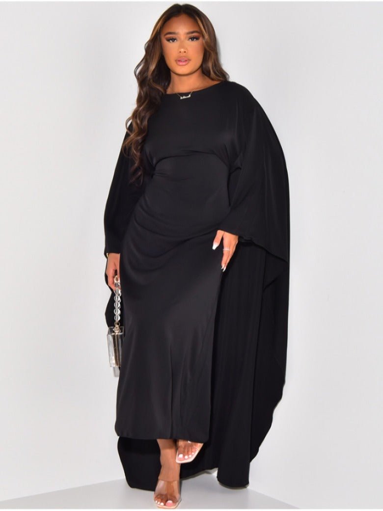 Robe midi femme élégante à col rond, manches évasées, coupe fluide et confortable, parfaite pour soirée formelle.