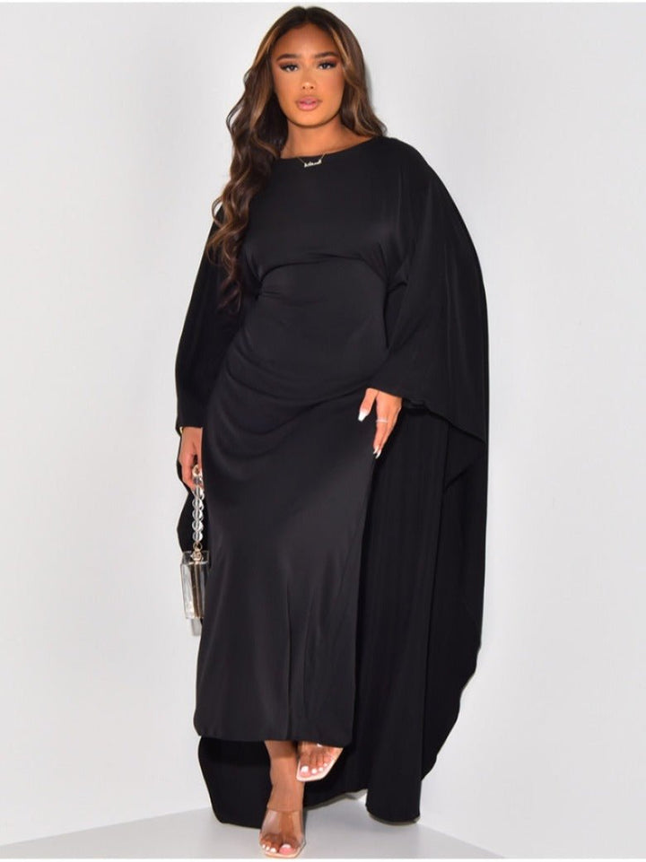 Robe midi femme élégante à col rond, manches évasées, coupe fluide et confortable, parfaite pour soirée formelle.