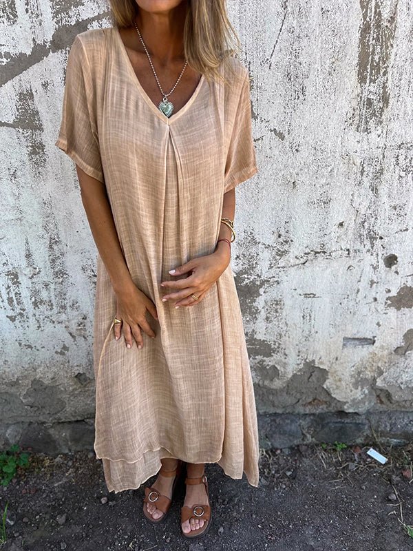 Robe longue élégante fluide à col V pour femme, parfaite pour l'été ou le printemps, mode féminine décontractée.