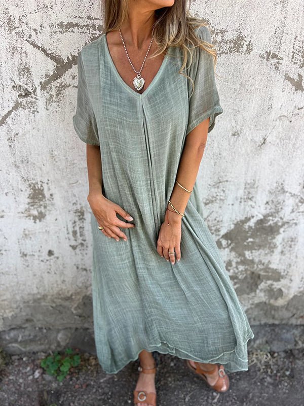 Robe longue femme à col V, design fluide et élégant, parfaite pour le printemps ou l'été, mode décontractée.