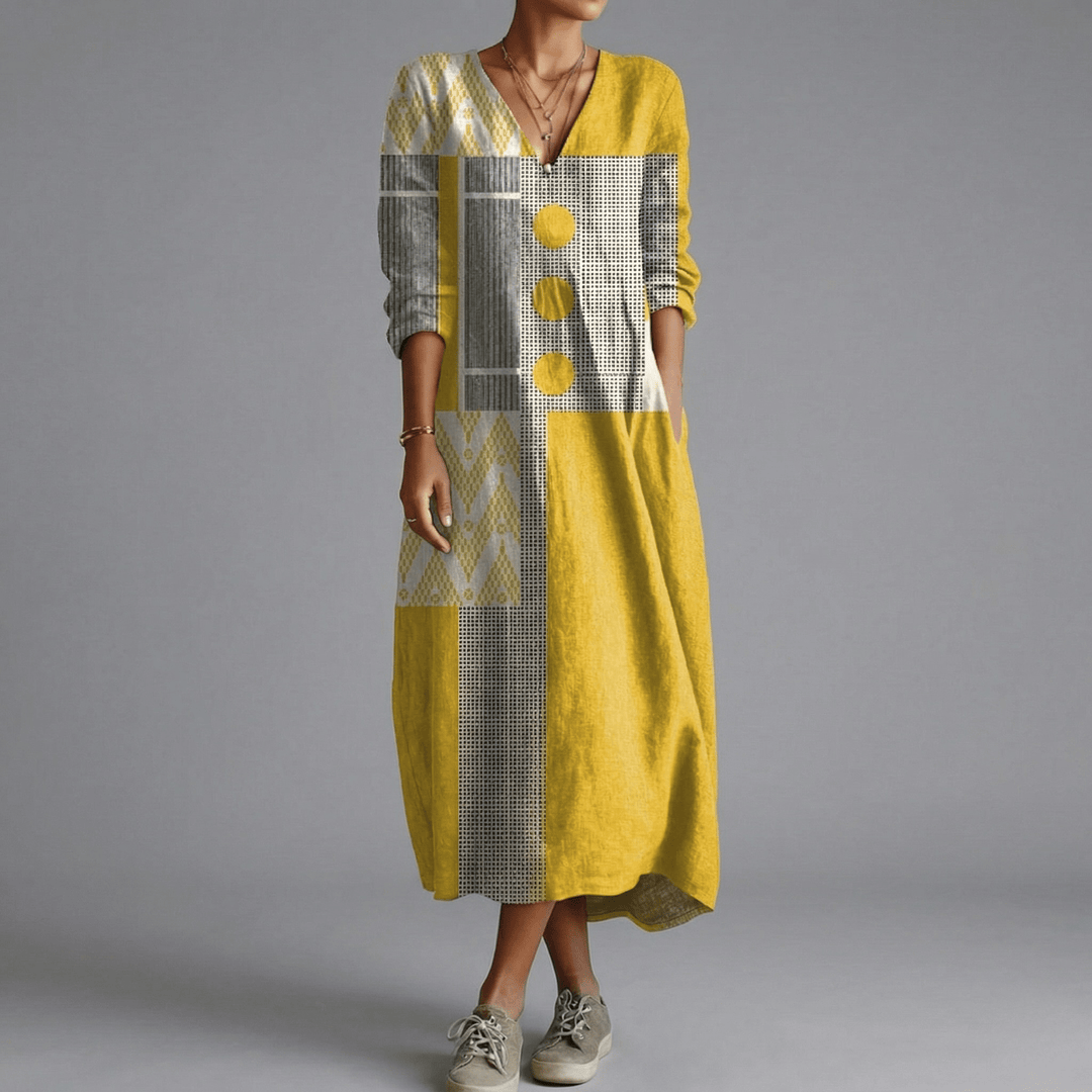 Robe longue imprimée femme élégante et fluide, à manches longues et col en V, style bohème chic pour printemps automne.