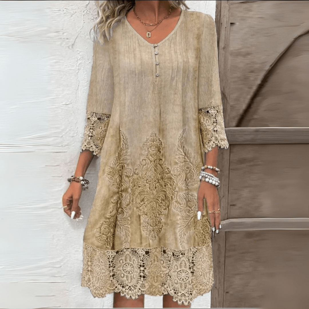 Élégante robe A-line mi-longue pour femme, col V en dentelle délicate, manches 3/4, idéale pour l'été.