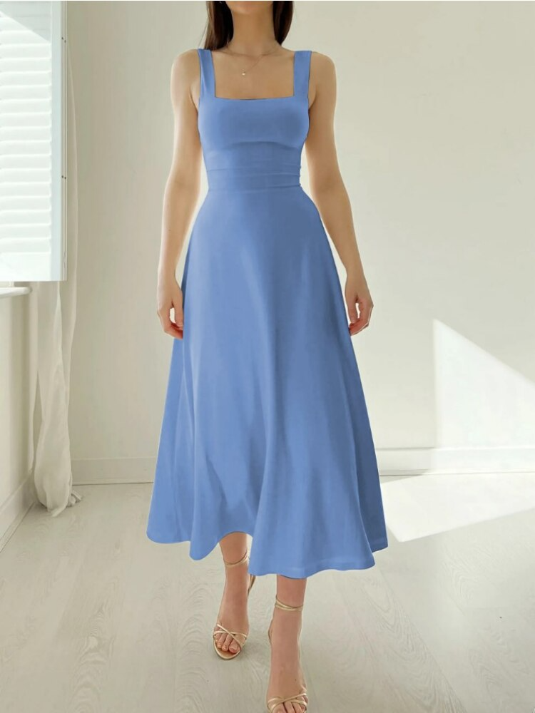Robe trapèze midi chic sans manches, vêtement féminin moderne et confortable, idéal pour le printemps.
