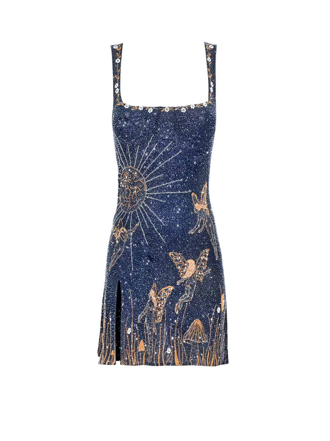 Mini robe moulante femme à encolure carrée, imprimé céleste unique. Parfaite pour soirée, club, printemps-été.