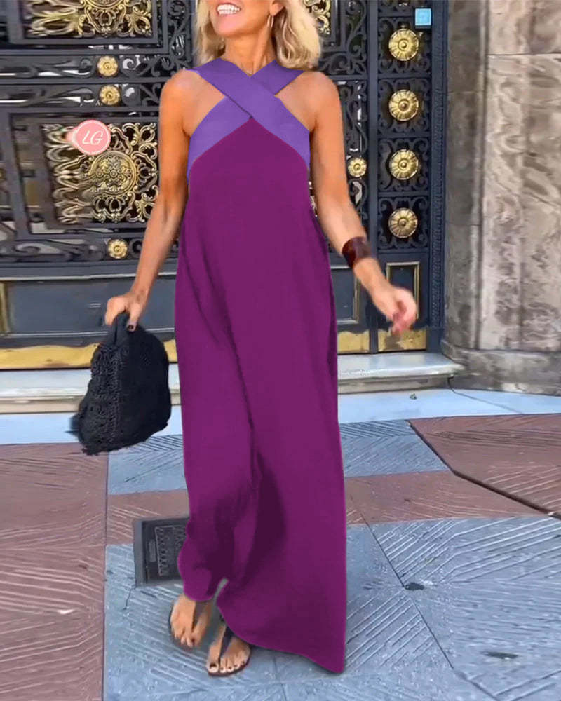 Sublime robe femme sans manches, encolure américaine élégante et design croisé, tenue de soirée chic.