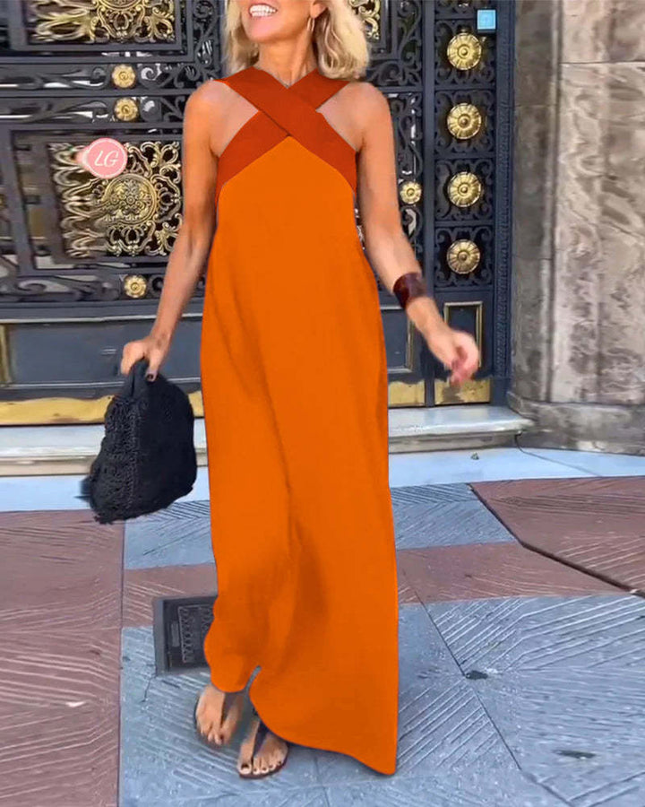 Robe femme confortable et chic, sans manches, encolure américaine croisée pour mode féminine.