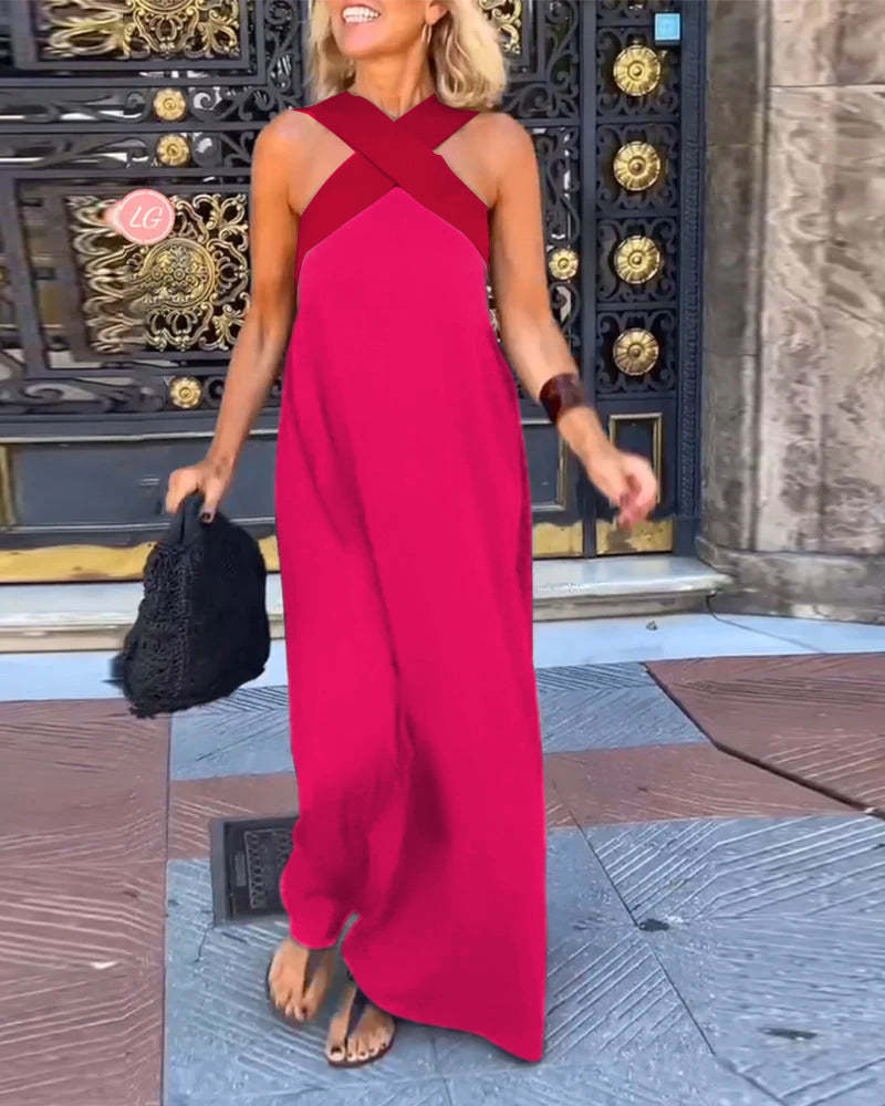 Robe d'été femme sans manches, encolure américaine croisée, élégante pour soirée ou décontractée.
