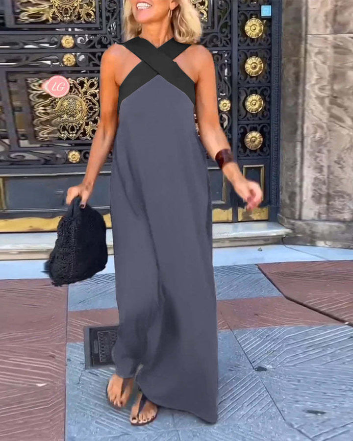 Design unique robe femme sans manches, encolure américaine croisée, pour un style polyvalent élégant.