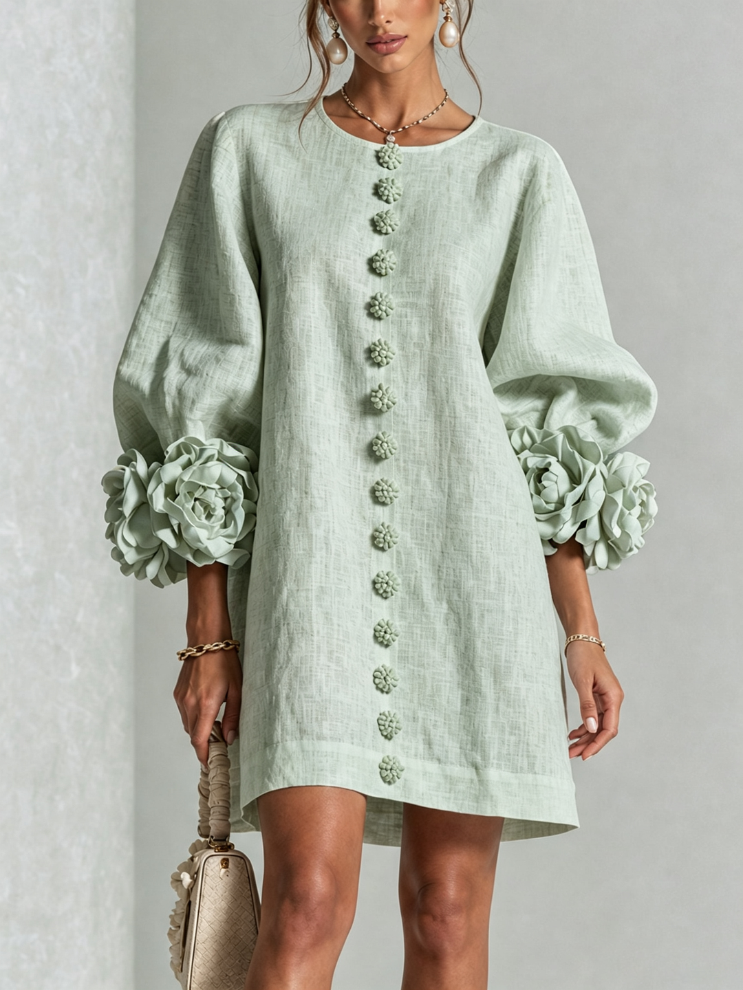 Robe femme rose fluide, style trapèze, manches 3/4, effet lin, parfaite pour les beaux jours.