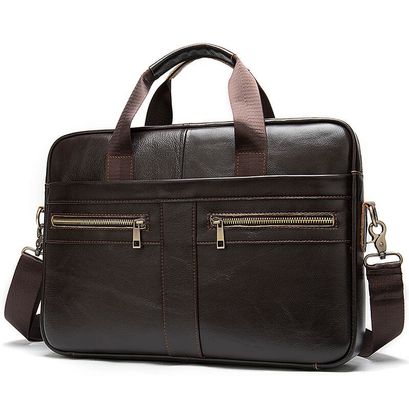 Gros plan sur la fermeture éclair solide et les coutures du sac professionnel homme en cuir vegan.