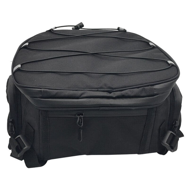 Sac de rangement moto pliable noir, multi-compartiments, parfait pour organiser votre équipement de motard.
