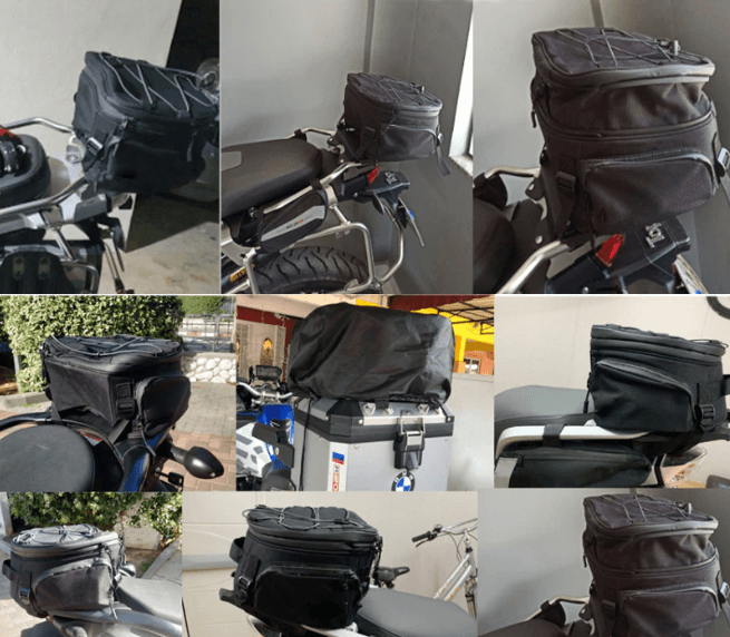 Sac moto noir étanche avec multiples compartiments, parfait pour le rangement sécurisé de l'équipement.