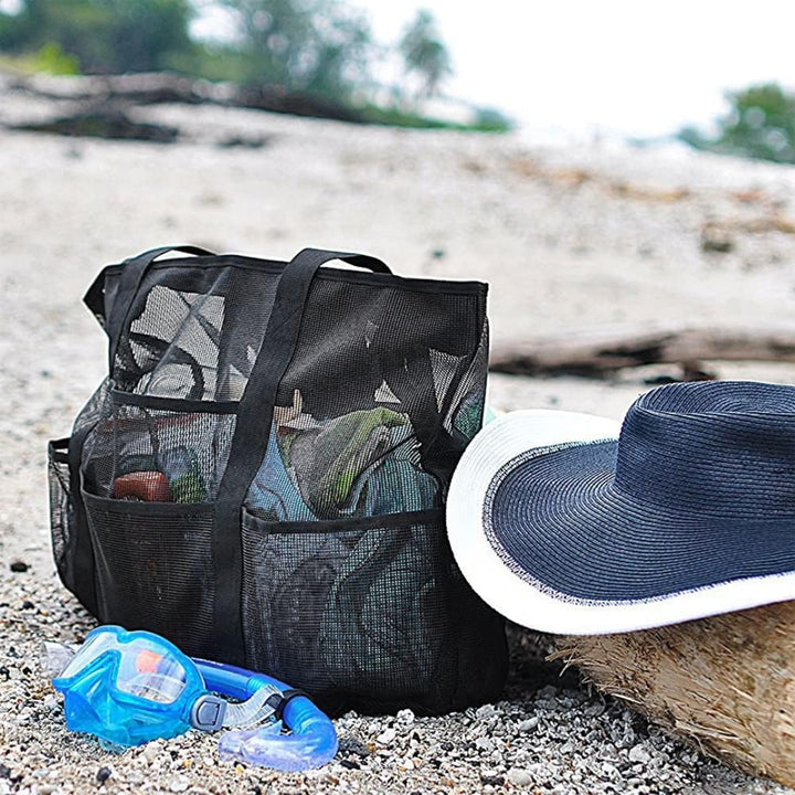 Organiseur de sac cabas pliable en maille pour plage et voyage. Sac léger unisexe avec multiples poches.