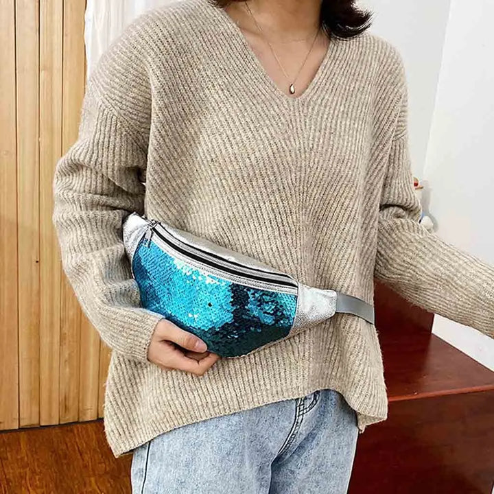 Sac banane femme à sequins irisés, accessoire de mode brillant et glamour pour un style élégant et pratique.