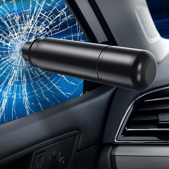 Outil d'urgence auto. Design ergonomique avec brise-vitre et coupe-ceinture. Sécurité et protection maximale.
