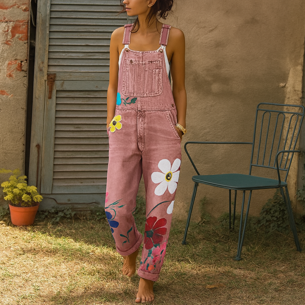 Salopette en jean fleurie pour femmes, style rétro décontracté. Parfaite pour le printemps/été.