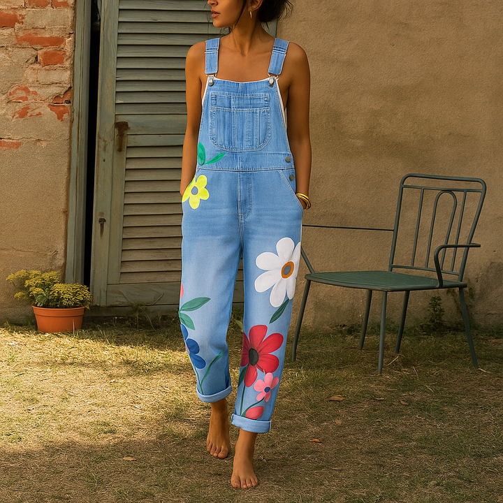 Salopette en jean fleurie style vintage pour femmes, un look unique et confortable. Mode printemps.