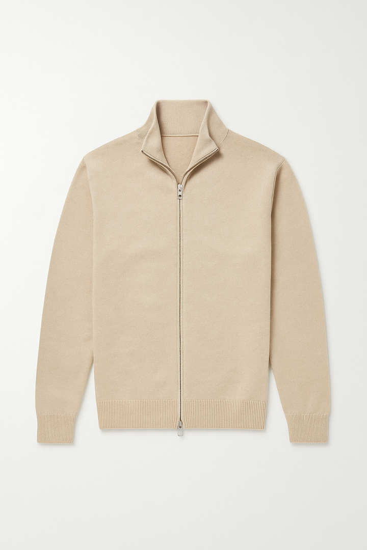 Cardigan homme zippé élégant en maille fine, veste chic et confortable pour un style décontracté de mi-saison.