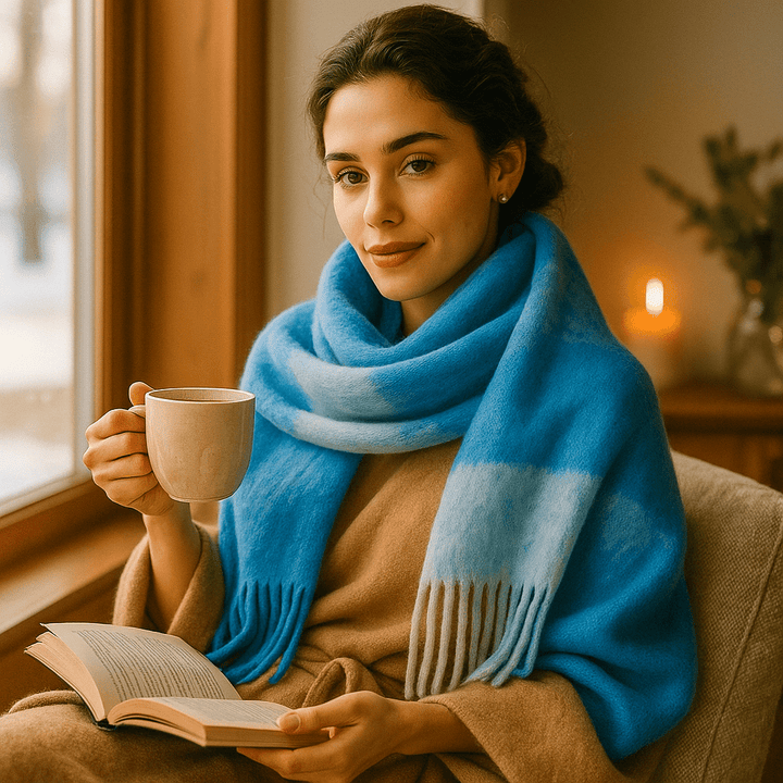 Écharpe femme douce en laine épaisse, procure chaleur et style avec ses franges distinctives en hiver.