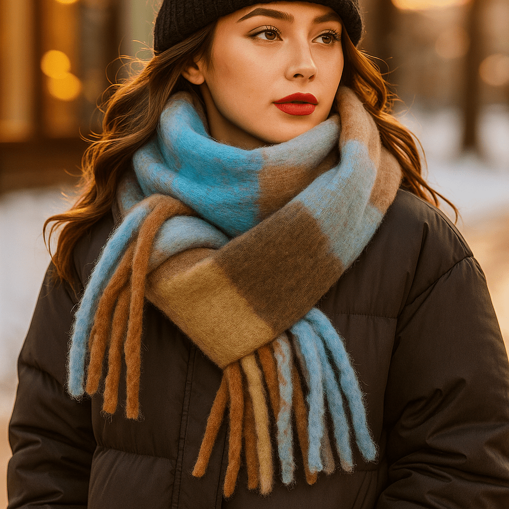 Écharpe femme à longues franges en laine épaisse, un accessoire stylé et douillet pour l'hiver.