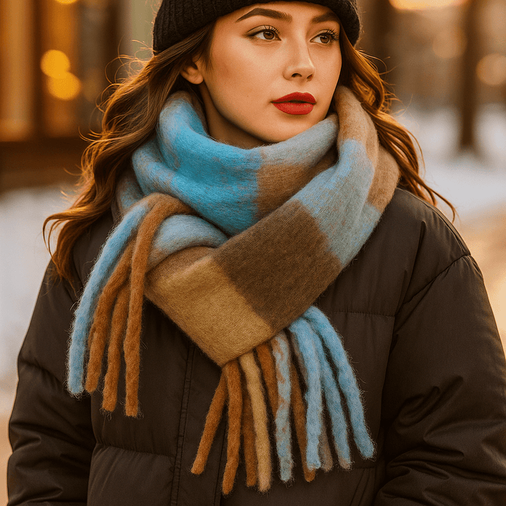 Écharpe femme à longues franges en laine épaisse, un accessoire stylé et douillet pour l'hiver.