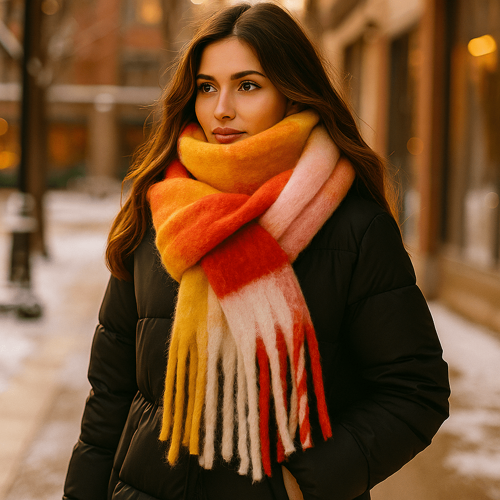 Grande écharpe femme en laine épaisse, aux franges soyeuses, un indispensable mode pour l'hiver froid.