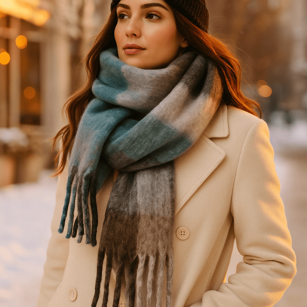 Écharpe femme élégante en laine épaisse et chaude, accessoire parfait pour affronter le froid de l'hiver.