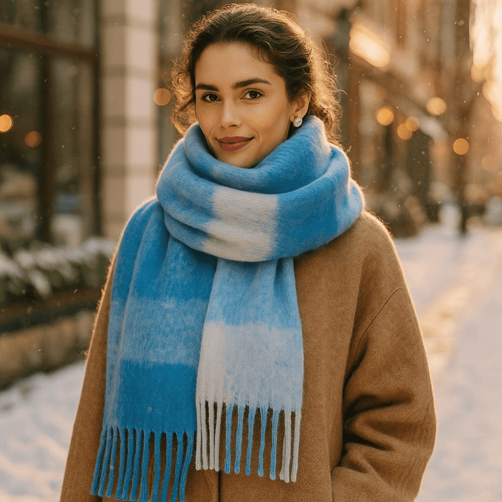 Accessoire d'hiver essentiel: écharpe femme en laine épaisse, stylée avec ses longues franges.