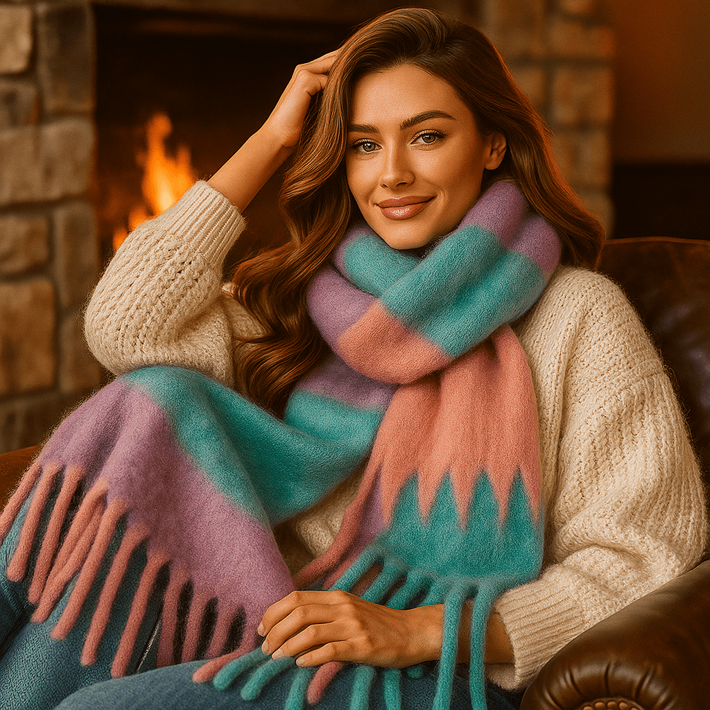 Écharpe en laine épaisse et confortable, aux longues franges, indispensable pour la femme moderne en hiver.