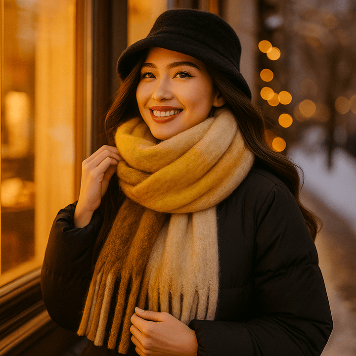 Accessoire de mode: écharpe stylée pour femme en laine épaisse avec de longues franges, très tendance.