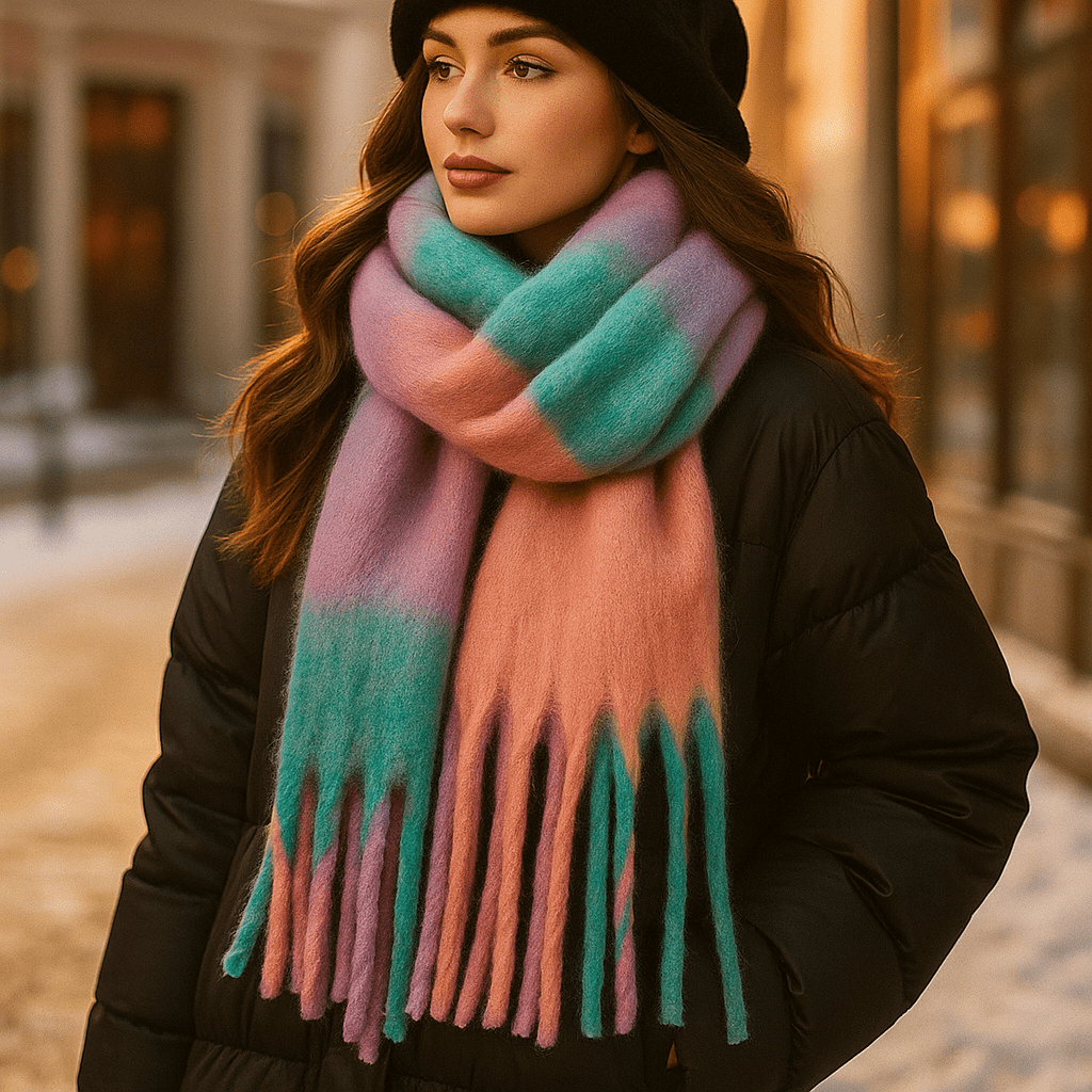 Magnifique écharpe femme en laine épaisse avec franges, un accessoire chaud, confortable et tendance.