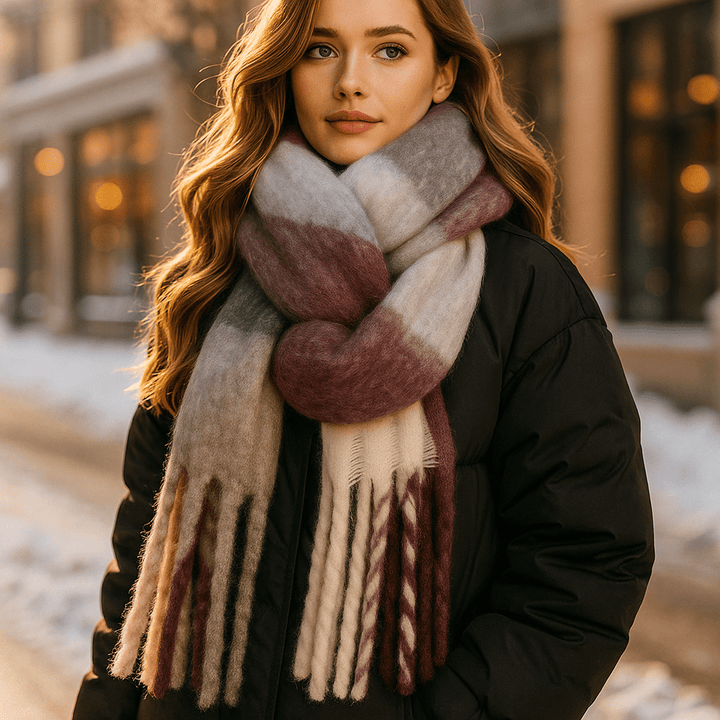 Écharpe stylée en laine épaisse pour femme, avec de longues franges, pour un confort hivernal optimal.