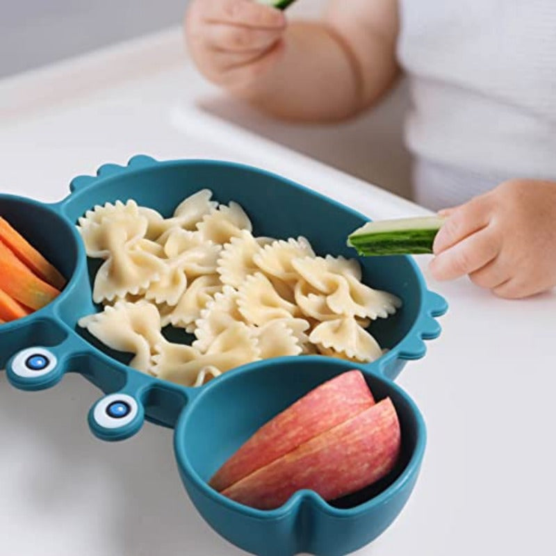 Assiette silicone bébé crabe antidérapante, sécurisée pour l'alimentation. Facile d'entretien, cadeau bébé parfait.