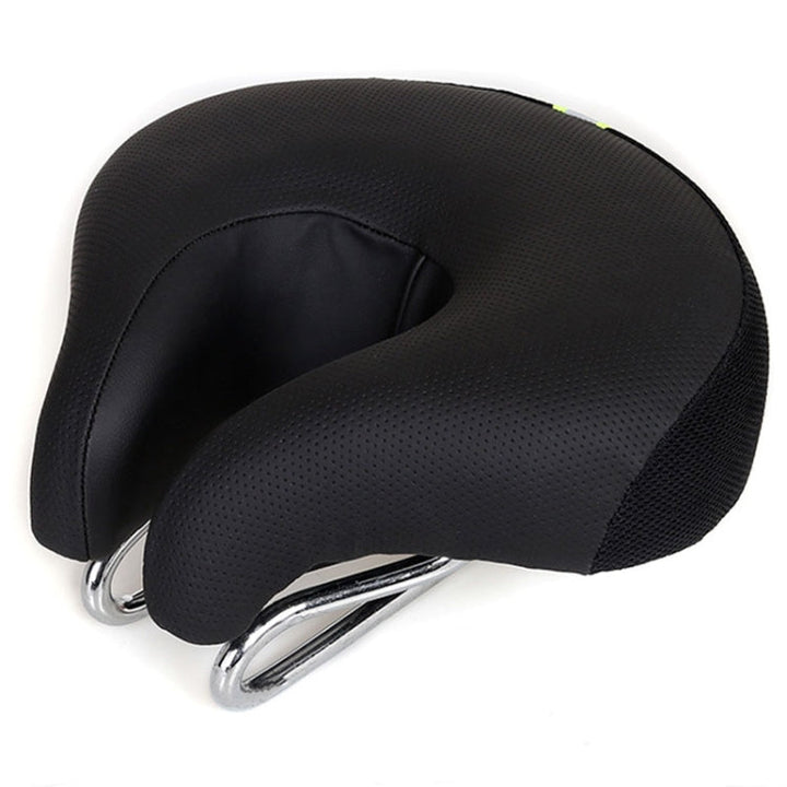 Selle vélo VTT noire ergonomique sans bec, H/F. Rembourrage épais pour confort cyclisme en montagne.